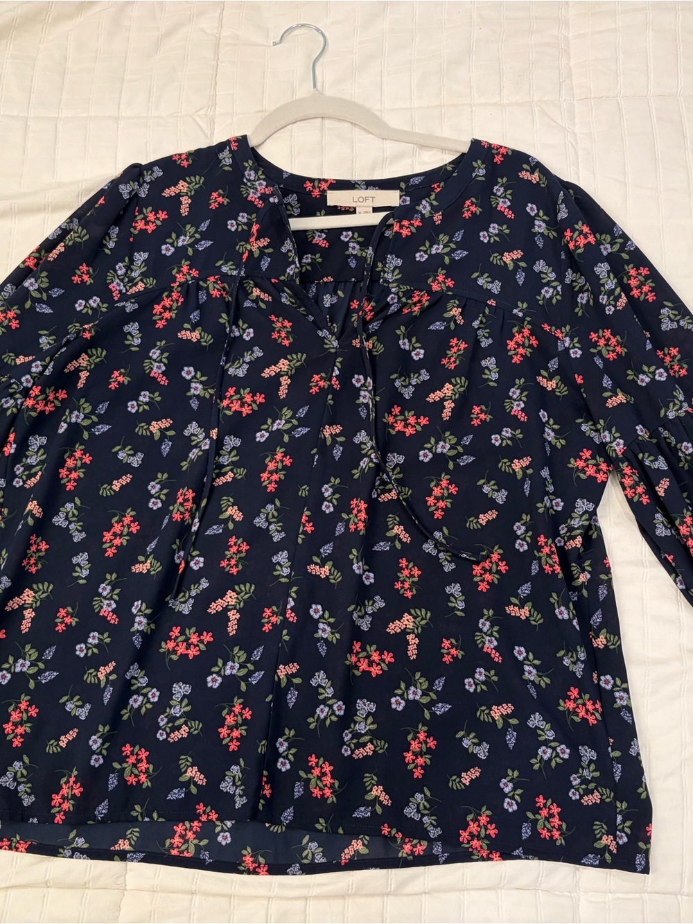 LOFT Navy Floral Pintuck Split-Neck Blouse